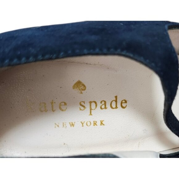 Kate Spade Navy Suede T-Strap Pumps Bow Crystal Accent Pointed Toe Heels 7BItaly - Picture 13 of 15